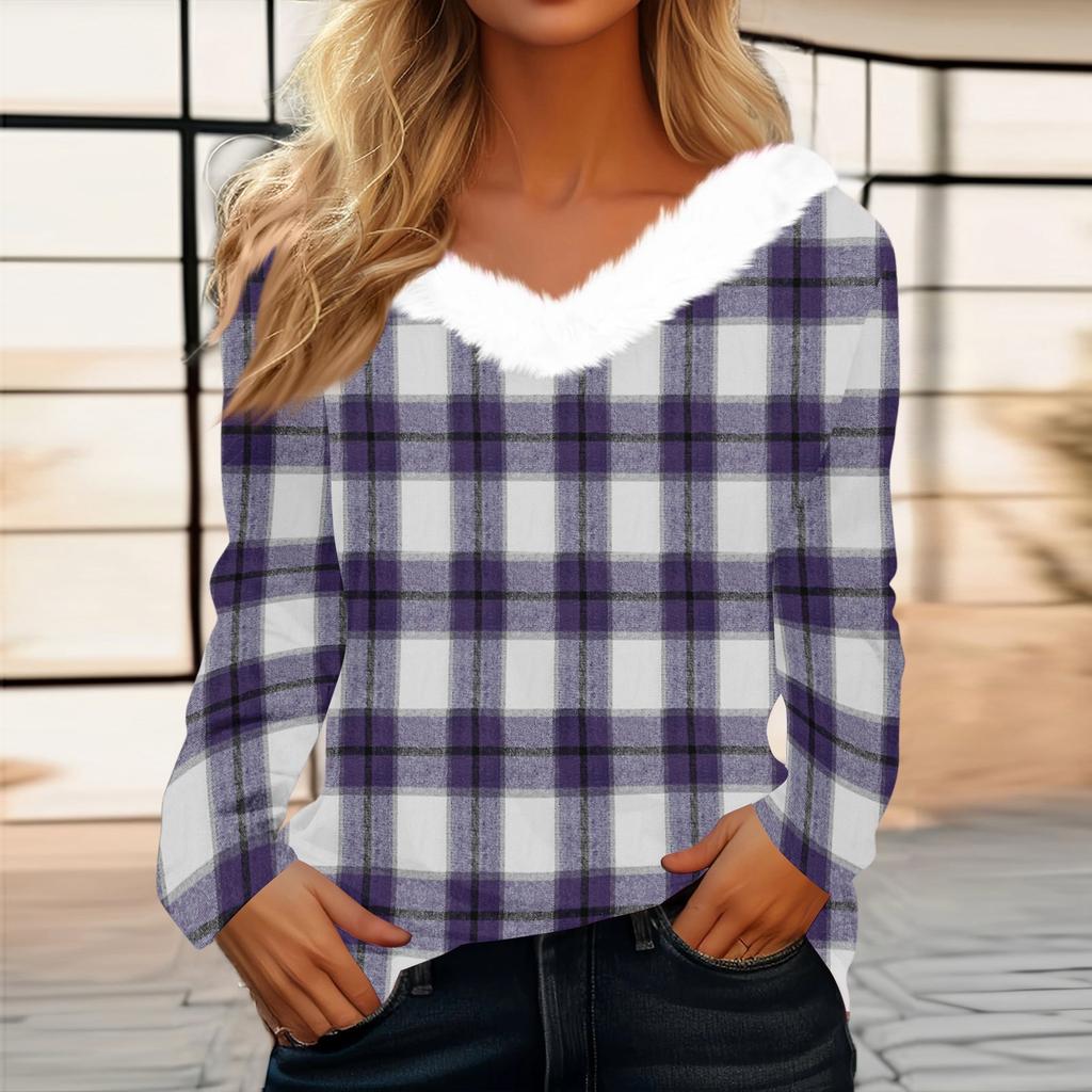 Women's Fashion Long Sleeve Plaid Print Fleece Collar V-Neck Top