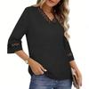 Women Loose Fit V Neck Pullover Top with Hollow Out Trim Three Quarter Sleeve Casual Blouse for Daily Wear Office Home