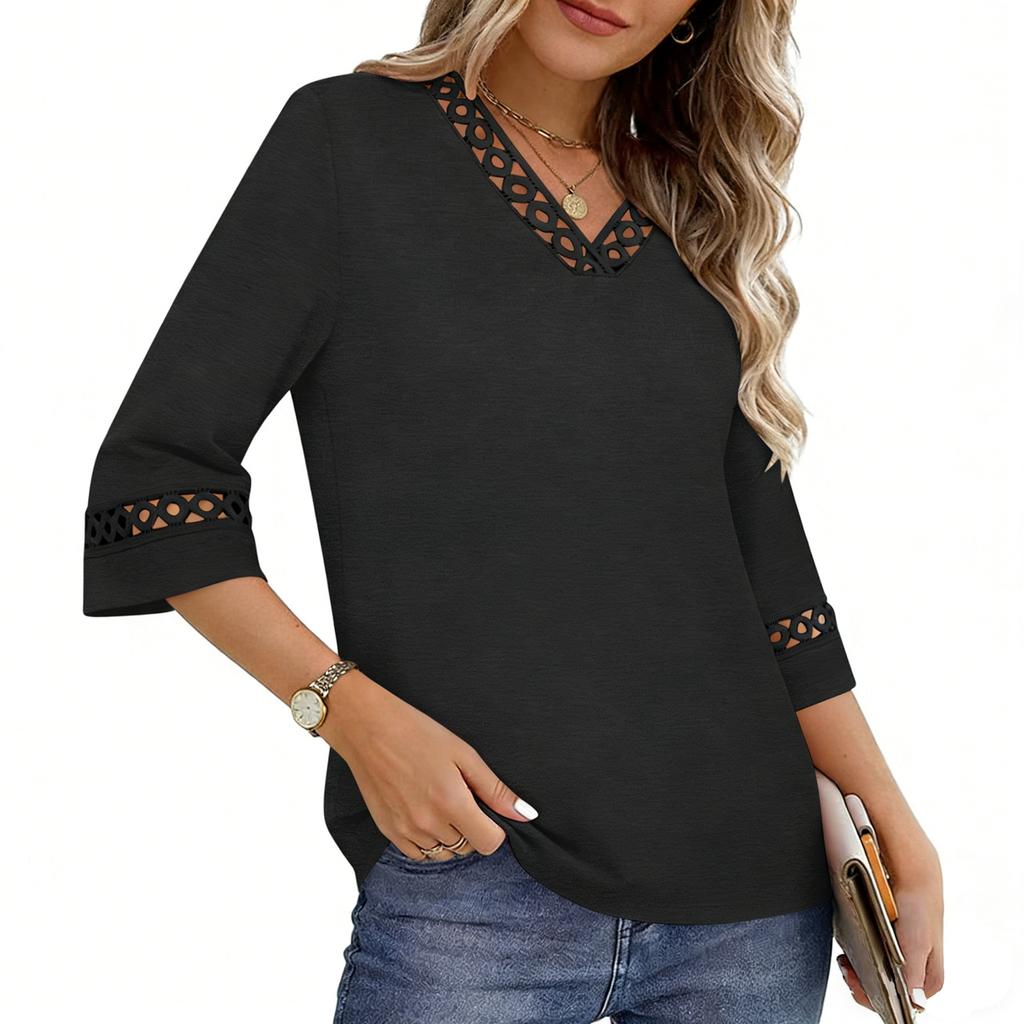 Women Loose Fit V Neck Pullover Top with Hollow Out Trim Three Quarter Sleeve Casual Blouse for Daily Wear Office Home