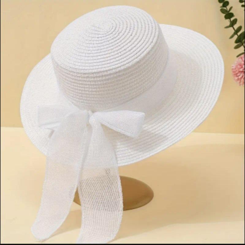 

Соломенная шляпа-канотье с лентой-бабочкой, детская, для путешествий, солнцезащитный козырек, модная, с большими полями, шляпа против ультрафиолета чистый белый