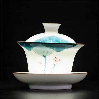 Hand-painted Tea Fat Jade White Porcelain Gaiwan Household Ceramic Tea Infuser Traditional with Cover Teacup