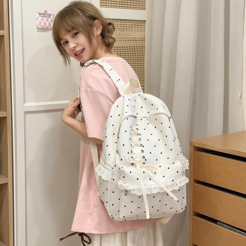 Schoolbag Gentle Wind Girl Heart Polka Dot Lace Bow Backpack Junior High School Student New Casual Large Capacity Versatile School Bag
