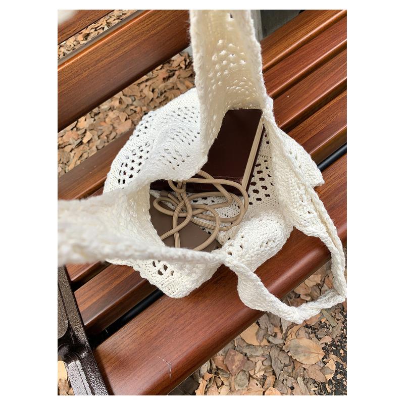 Polyester Knit Shoulder Bag for Women Diamond Hollow Out Woven Tote Purse Soft Handbag Casual Daily Commute Bag KTB