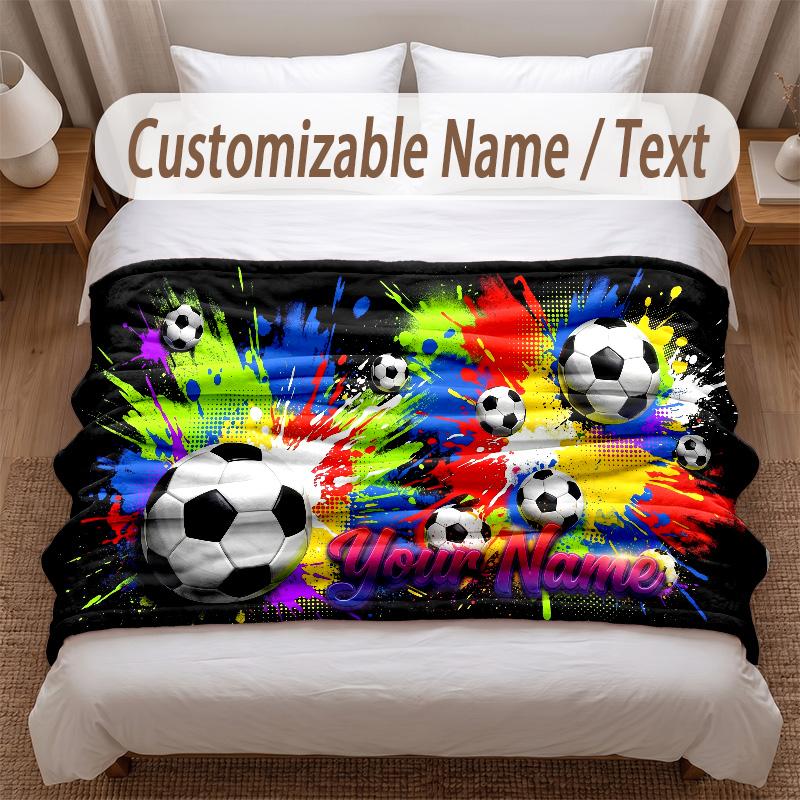 Soccer Theme Soft Blanket Personalized Custom Name Text Print Warm Blanket Home Sofa Bedroom Decor