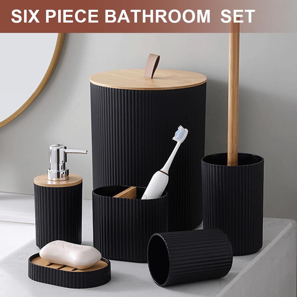 6Pcs/Set Soap Dispenser Box Housewarming Gift Toothbrush Holder Bath Accessory Bottle Trash Can Bamboo Plastic Bathroom Storage
