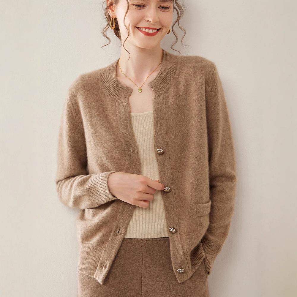 Women's Slim Fit Cashmere Cardigan - Stylish & Versatile Round Neck Knit Sweater
