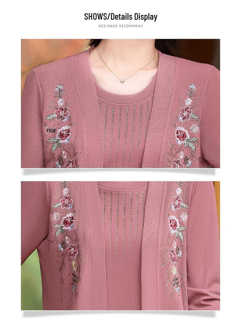 Spring Spliced Knit Blouse for Women Aged 40-60 - Faux Two-Piece Sweater Design