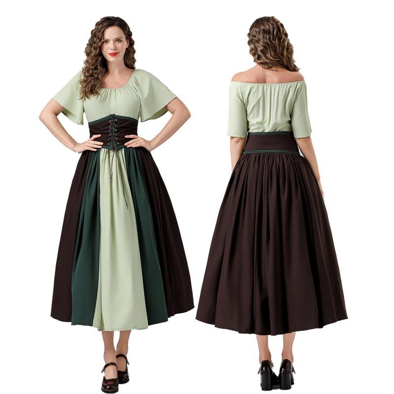 Halloween contrasting splicing retro dress renaissance dress one-word shoulder adult women's medieval dress