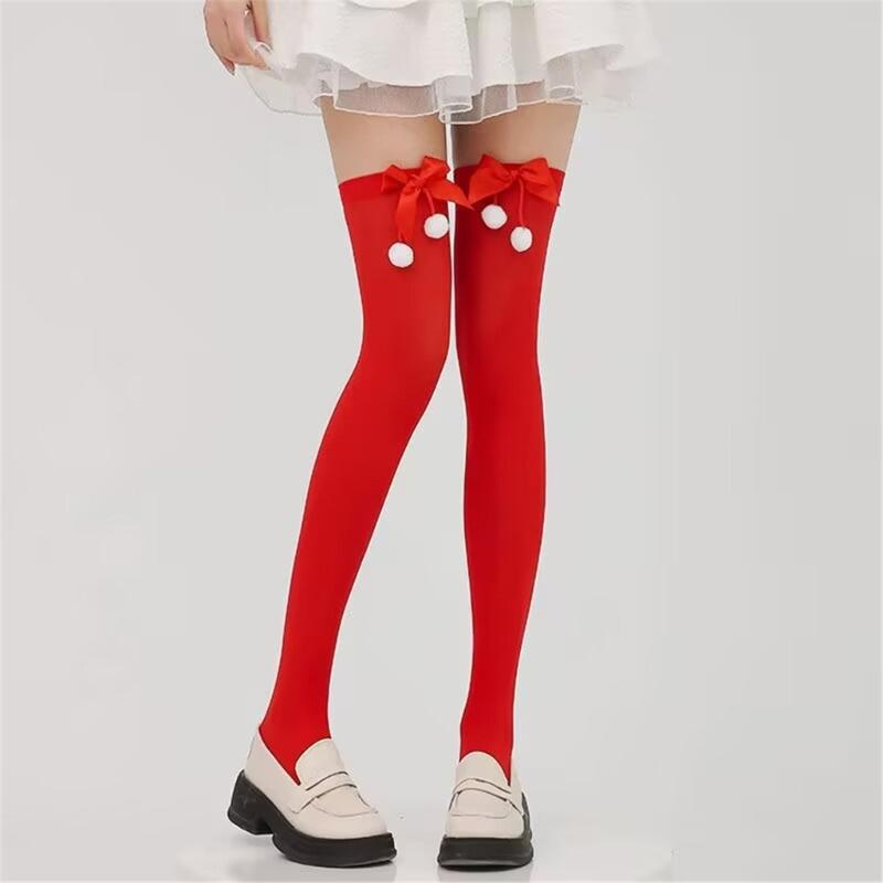 Christmas Thigh High Stockings Over the Knee Socks Halloween Cosplay Costumes for Womens Red Thigh High Socks with Bows