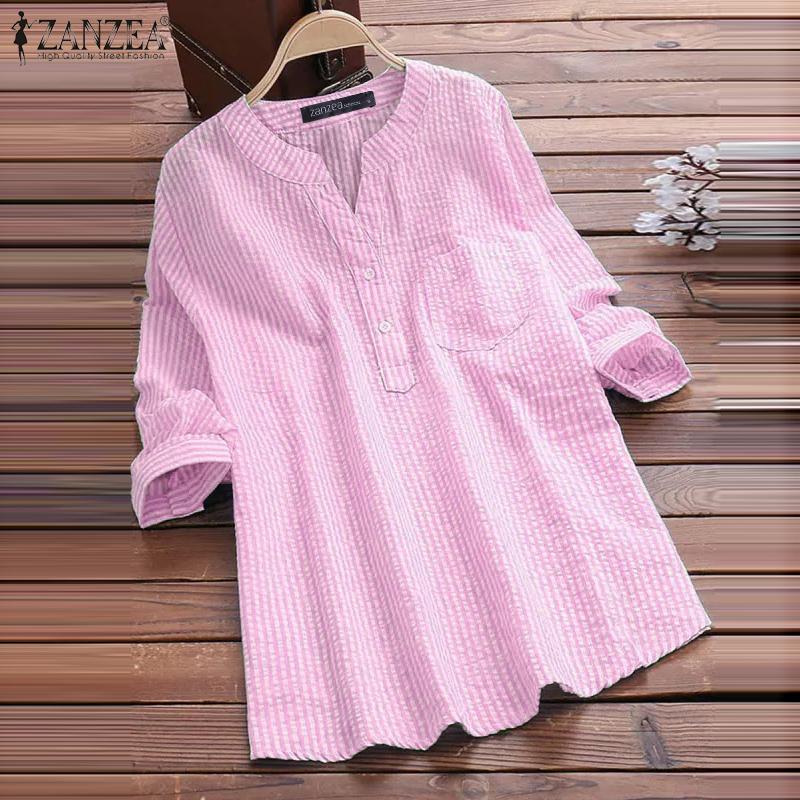 ZANZEA Women Long Sleeve V Neck Striped Button Up Casual Loose Blouse