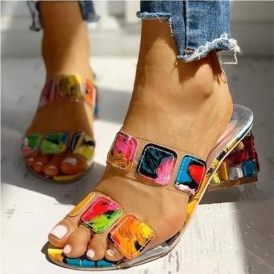 Fashion 2024 Sandals for Women Square Heels Summer Slippers Peep Toe Ladies Multi Colors Heeled Shoes Female Sandalias Outdoor Slippers