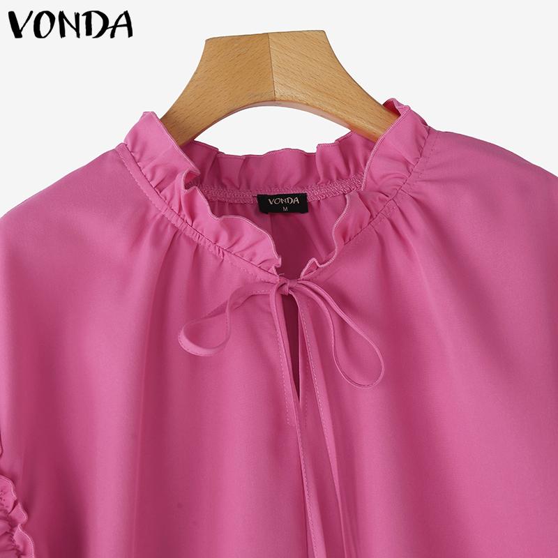 VONDA Women Summer Lace-up Neck Flounces Sleeve Casual Ruffled Long Blouse