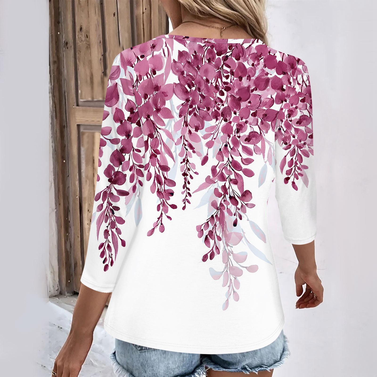 Женские повседневные футболки с рукавом 3/4 для выходных с V-образным вырезом и принтом — фото 4