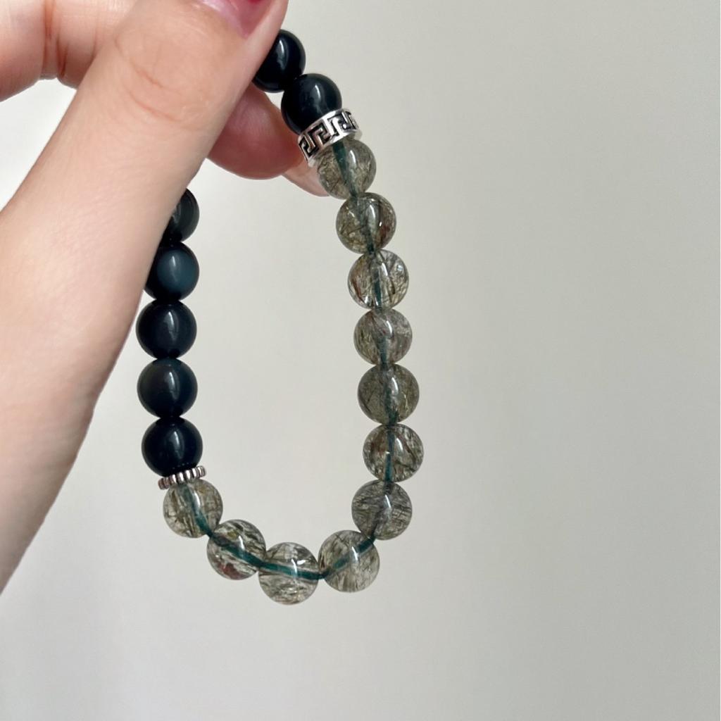 Handmade Natural Rose Quartz Bracelet with Black Obsidian and Strawberry Quartz - Unique Gift