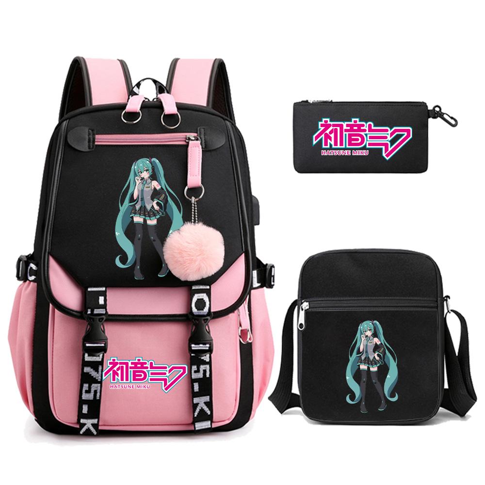 3ks/sada Anime Kreslený Batoh s Potiskem Hatsune Miku s Taškou přes Rameno pro Teenagera Studenta Dívku Chlapce Velkokapacitní Voděodolný Školní Batoh Mochila