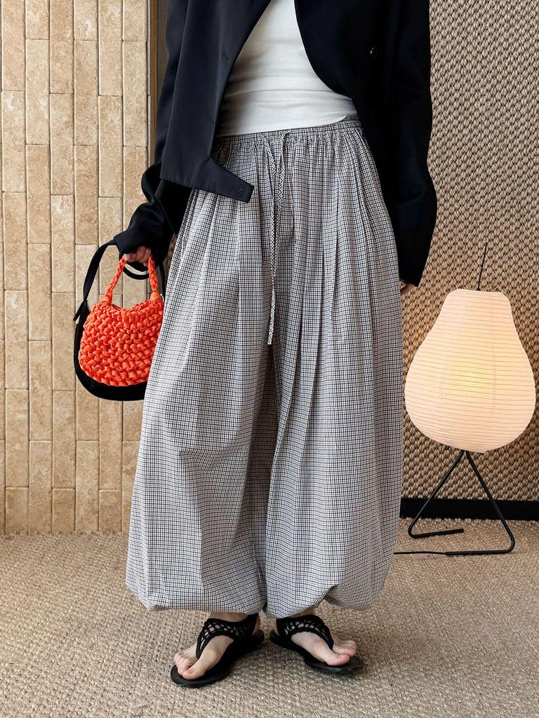 Xu Man Spring/Summer Paris Fashion Plaid Balloon Button Cuff Long Pants for Women