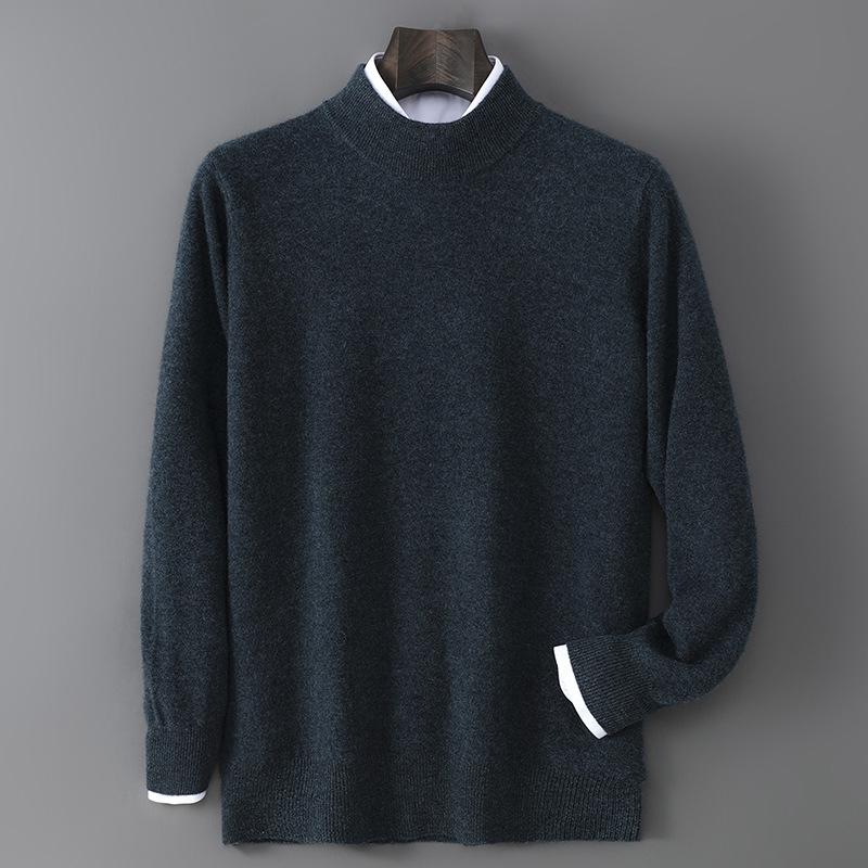Men's 100% Pure Wool Half-High Neck Sweater - Solid Color, Business Casual Knit Base Layer Top