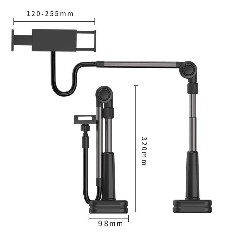 Lazy Person Adjustable Aluminum Phone/Tablet Stand with Universal Clip for Bedside or Desktop