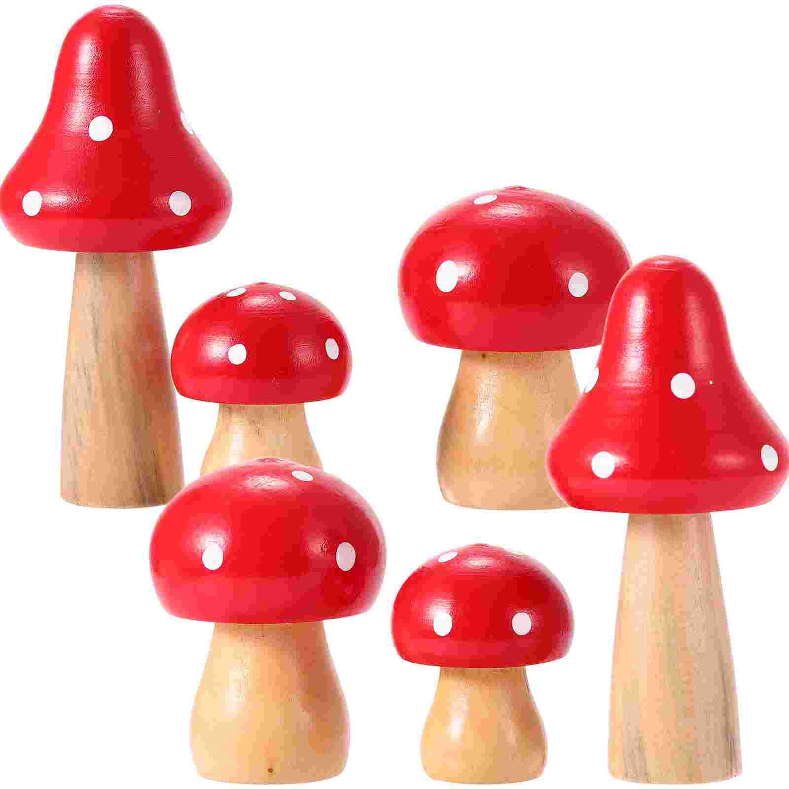 

6 Pcs Wooden Mushroom Decor Miniature Craft Statue Fairy Garden Decoration Creative Adornment Potted Moss Figurine 7.3X3.5X1.8CM червоний