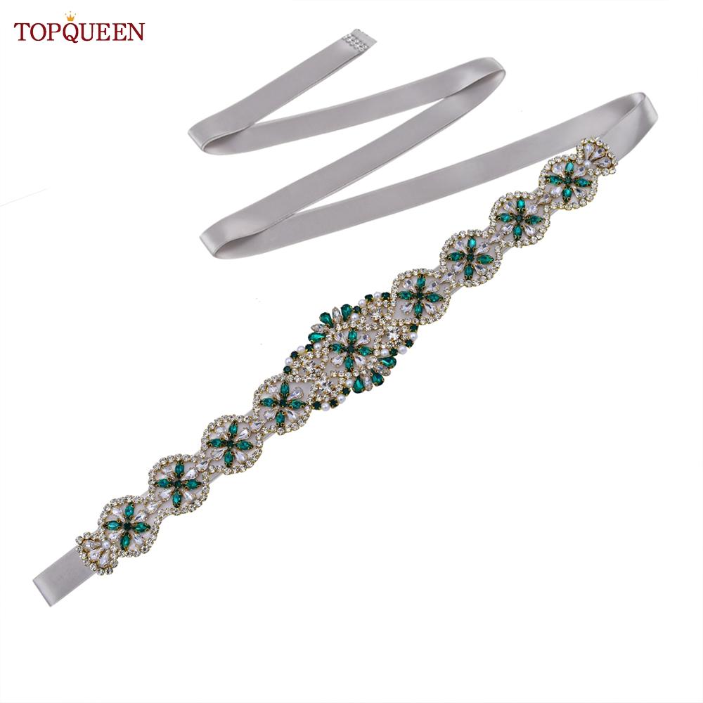 TOPQUEEN S161-KL Neuer Brautgürtel für Hochzeitskleider für Frauen in Gold, handgefertigt, Luxus-Schärpe, Zubehör für das tägliche Partykleid, grüner Strass