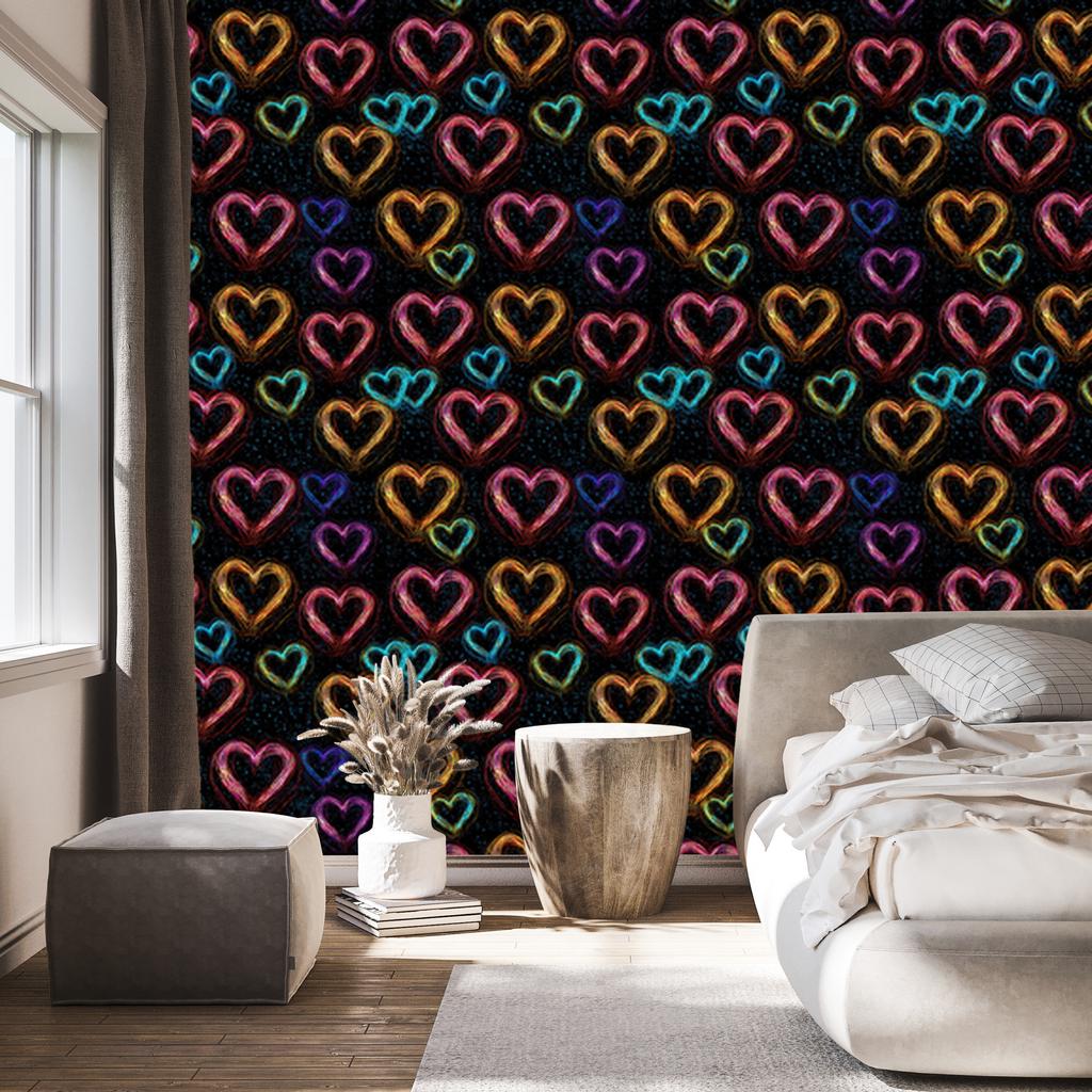 Neon Glitter Hearts Wallpaper Black, Burgundy and Ochre 50x1000
