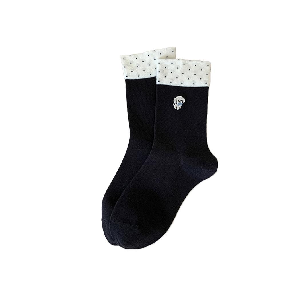 Female Embroidered Puppy Mid-calf Socks for Autumn and Winter, Sweet and Loose Postpartum Socks, Cartoon Socks