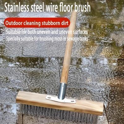 Brosse de Sol en Fil d'Acier Inoxydable pour Nettoyage Multi-Surfaces, Réutilisable, Fermeté Moyenne, Manche en Bois en Deux Parties de 1,2 m, Idéale pour la Cuisine, le Salon