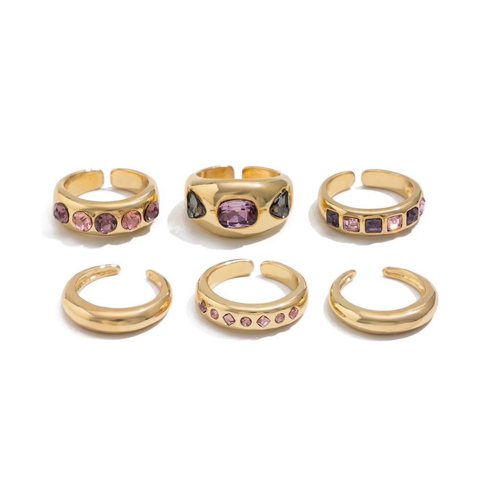 6Pcs/Set New Purple Inlaid Zircon Ring Set Electroplated Alloy Gold Color Ring Adjustable Opening Elegant Style Ring Gifts