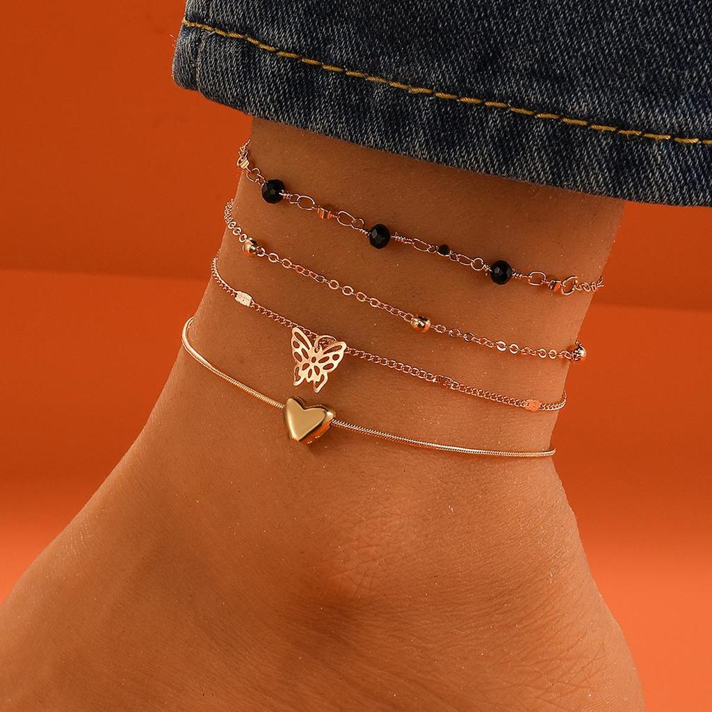 European & American Retro Letter Butterfly Pendant Multi-Layer Beach Anklet Set