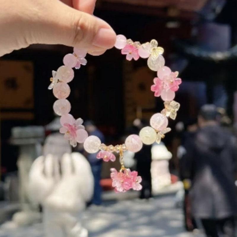 Pink Plum Cherry Blossom Crystal Butterfly Flower Berry Bracelet Women Sweet Jewelry Gifts