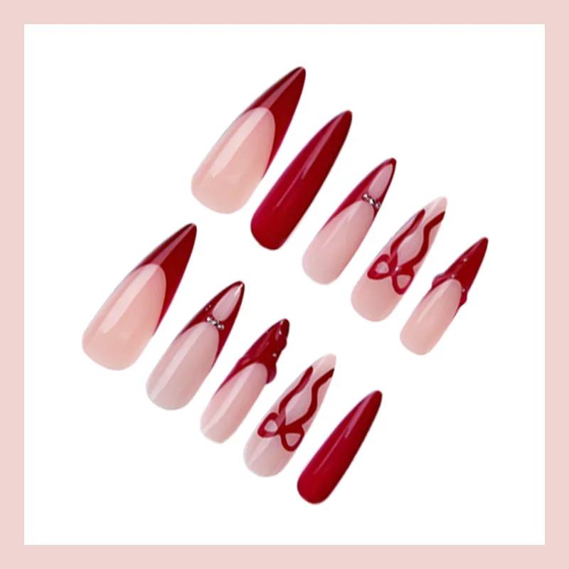Red French Bow Press On Nails, Long Stiletto Fake Nails, 3D Red Bow Removable Elegant False Nail Tips