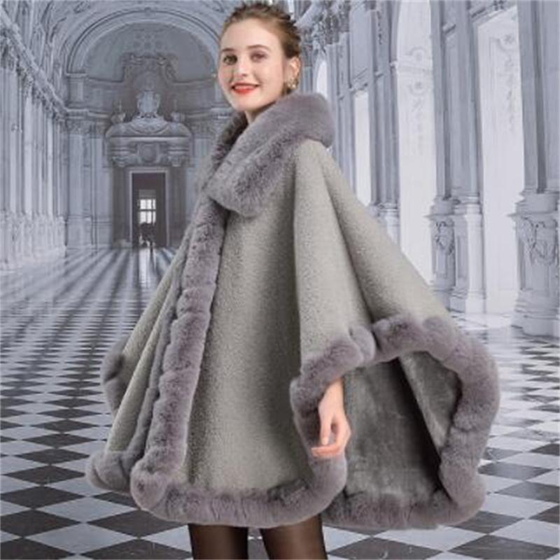 Зимняя женская накидка из искусственного кроличьего меха с воротником из зернистого — фото 10