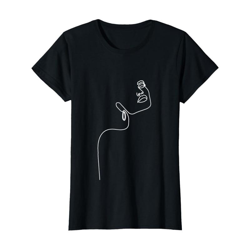 

European Size Women s Black Minimalist Abstract Line Art T-Shirt - Short Sleeve Casual Top with White Female Face Drawing, Regular Fit 4XL