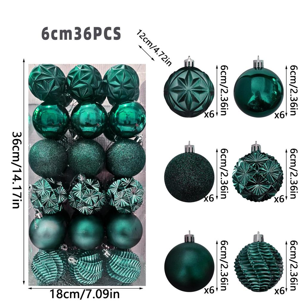 36-Piece Christmas Tree Ornament Set - 6cm Glitter & Painted Irregular Shape Balls