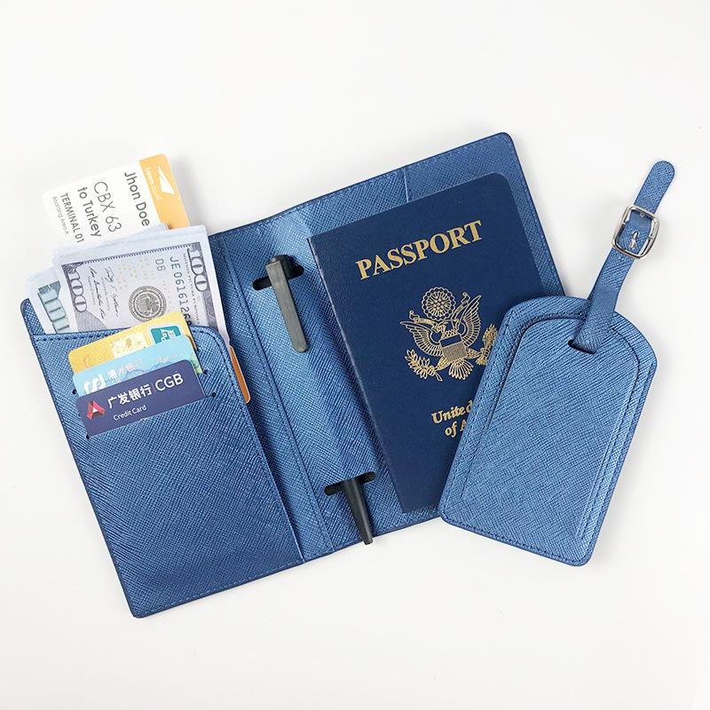 OEM multi-functional leather with pen plug-in cable pu leather cross pattern passport cover luggage tag custom set