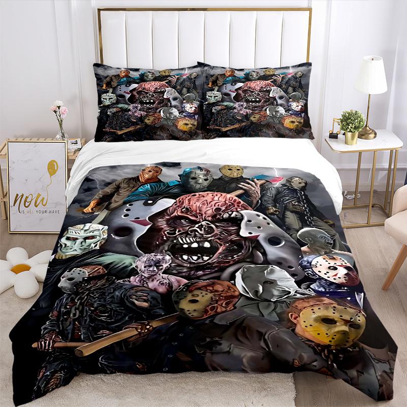 3pcs Friday the 13th Horror Movie Characters Comforter Set with Two Pillowcases (No Core), Home Decor, Gift, Polyester Fabric, Anime Cartoon