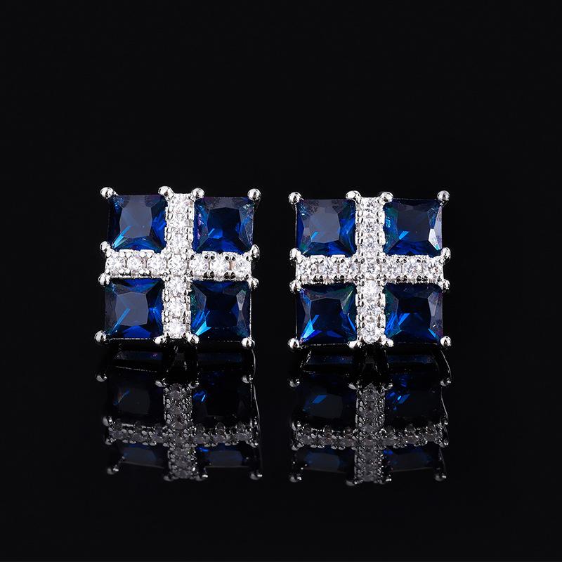 Hot Caibao Earrings Noble Atmospheric Blue Corundum Feminine Temperament Luxurious Socialite Pink Studded