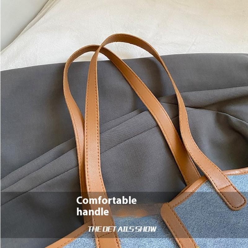 Contrast Canvas Bag Casual Versatile Shoulder Handbag Bucket Bag Large Capacity Tote Bag