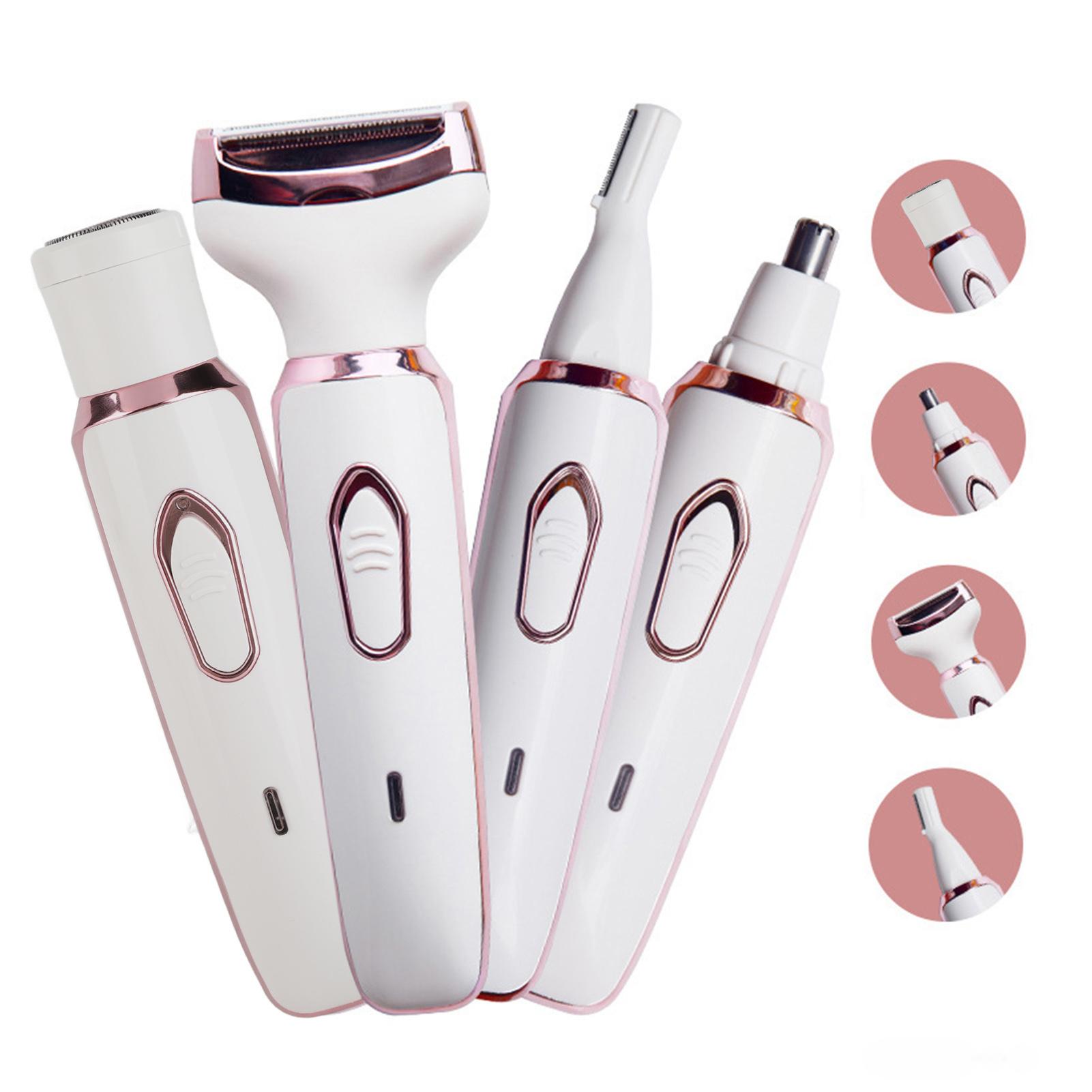 

4 в 1 электрическая женская машинка для стрижки волос с лезвиями из нержавеющей стали, моющиеся головки, машинка для стрижки волос на теле, белая