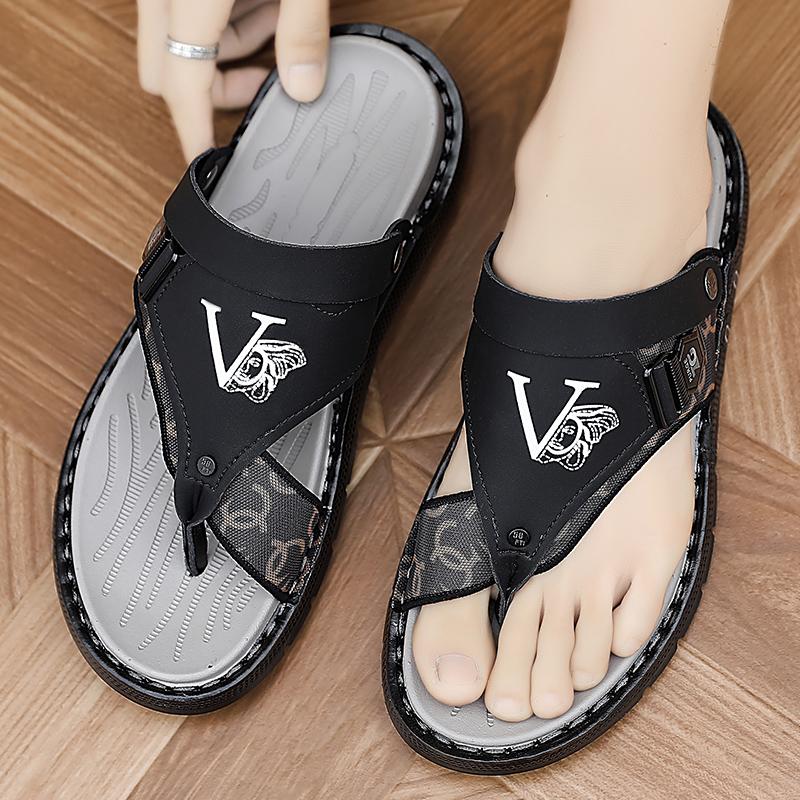 Men Flip Flops Hiking Sandals Leather Outdoor Summer Grey Black Wide Palm Blue Beach Shoes Plus Size Open Toe Plus Size