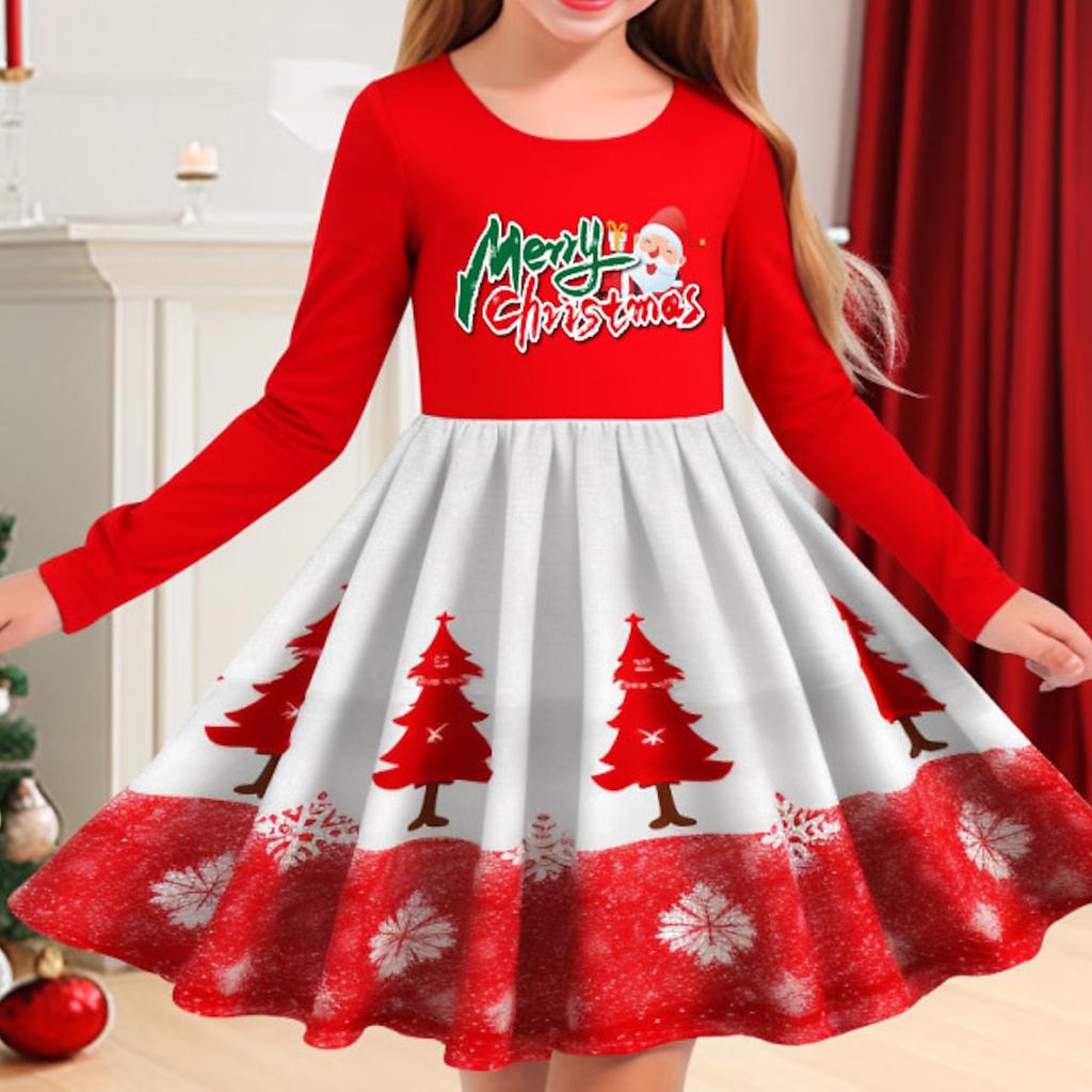 Spring Girl Casual 3D Christmas Donkey Print Round Neck Long Sleeve Dress Kid Princess Dress for Christmas