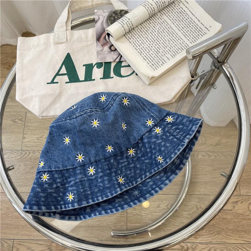 

Elegant Wide Brim Daisy Flower Fisherman Hat Women Vintage Denim Sunshade Bucket Cap Spring Summer синій