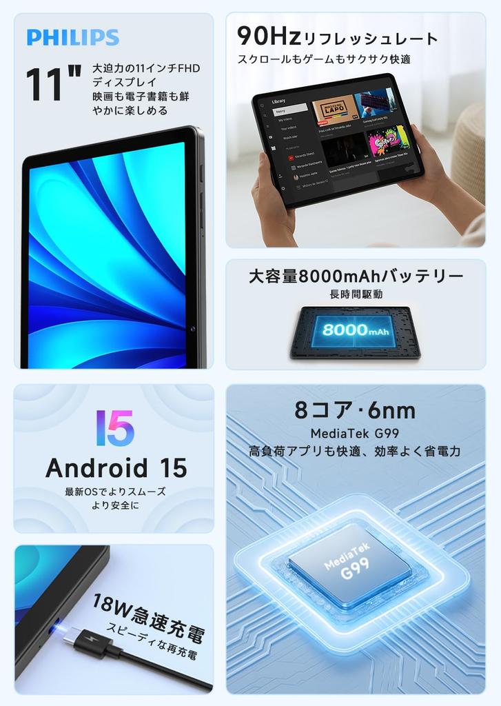 Philips Tablet FHD Android 15 90Hz Refresh MediaTek G99 6GB 128GB RAM 1TB 8000mAh Battery 18W Fast Face Split Wireless Accessibility Parental and AI