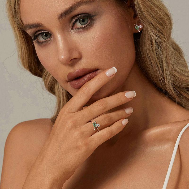 WOSTU 925 Sterling Silver Mint Green Hummingbird Opening ring for Women Drop Crystal Cute Bird Rings Party Jewelry Birthday Gift