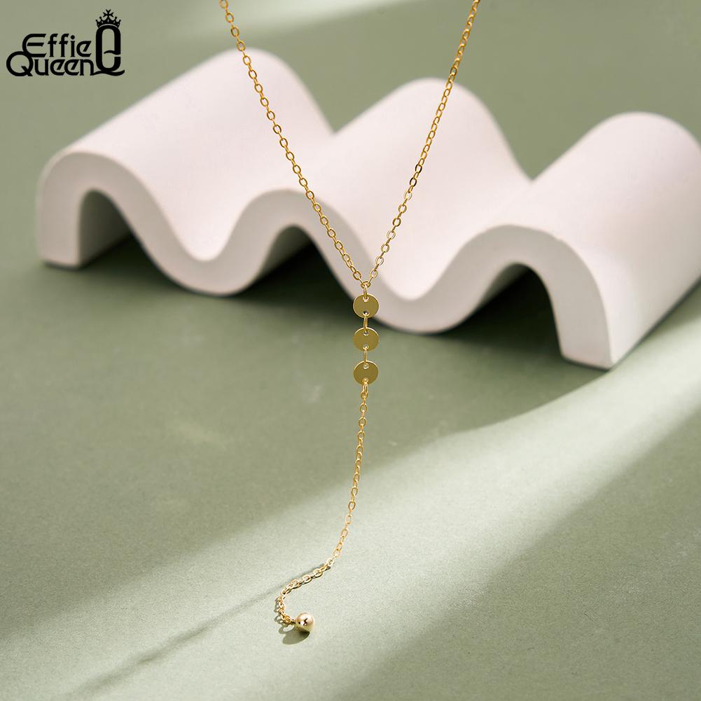 EFFIE QUEEN Simple 925 Pure Silver Long Tassel Y Necklace Round Shape Pendant Clavicle Chain For Women Party Jewelry Gift BQN42