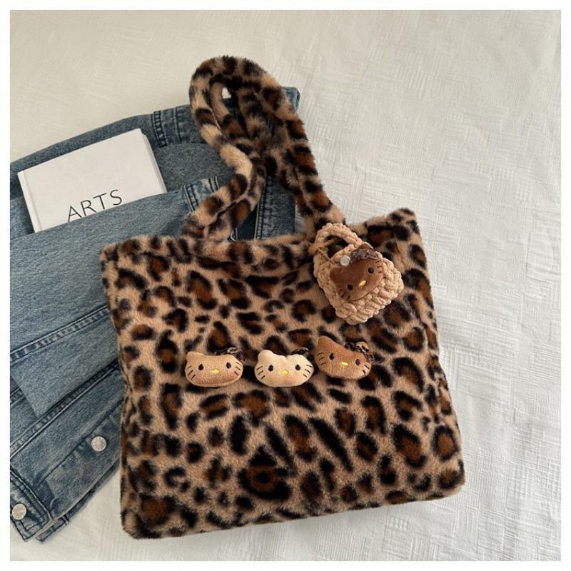 Autumn and winter new plush leopard print tote bag, fluffy large-capacity shoulder bag, autumn and winter cute lazy wind armpit bag