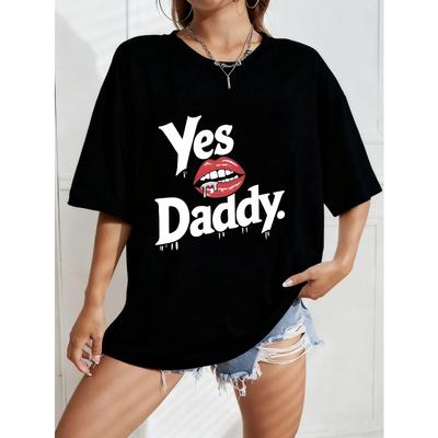 Oversized T Shirt White Yes Daddy Lip Print Graphic Tee Casual Streetwear Fashion For Women Summer Outfit Top