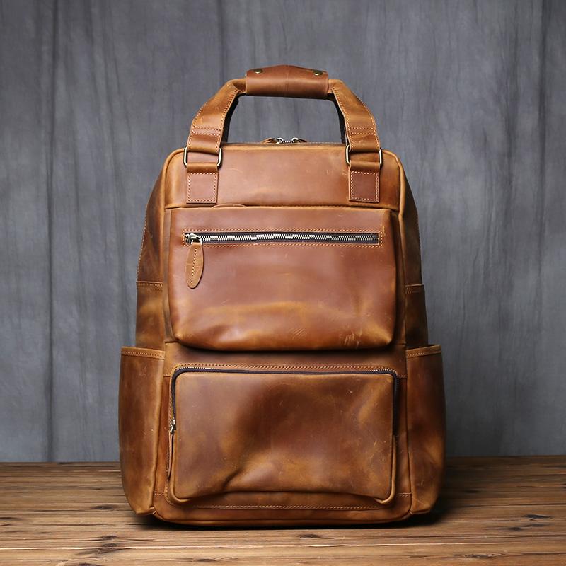 Retro Leather Men s Backpack Top Layer Leather Large Capacity Computer Backpack Crazy Horse Leather Leisure Travel  Men Bag NZPJ коричневый