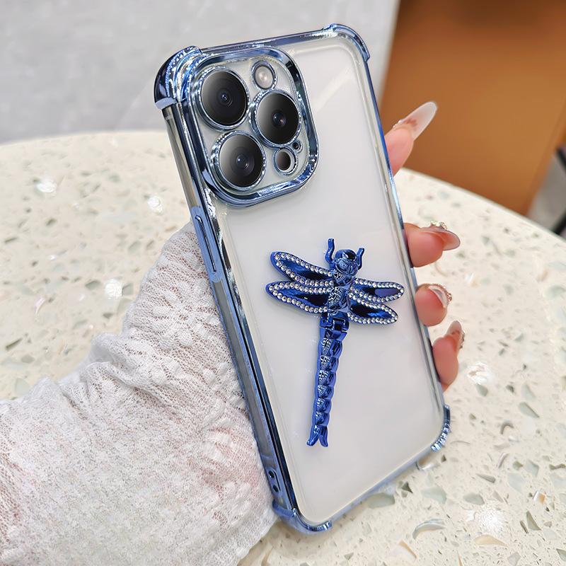 Applicable To Apple 16 Water Diamond Dragonfly Stand Phone Case, IPHONE15 Four-corner Anti-drop I14pro Electroplated Protective Case
