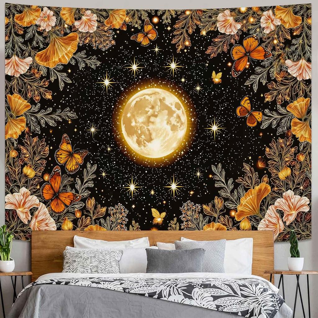Golden Ginko Tapestry Nature Style Tapestry for Bedroom Celestial Starry Sky Tapestries Wall Hanging Aesthetic Room Decor Full